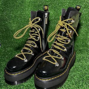 Dr. Doc Martens Ghilana Max Distressed Patent Leather Platform Boots Black Sz 6